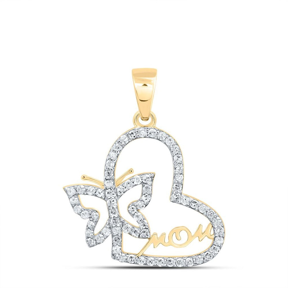 10K Yellow Gold Natural Diamond Mom Butterfly Heart Pendant - 1/4 Carat Total Diamond Weight