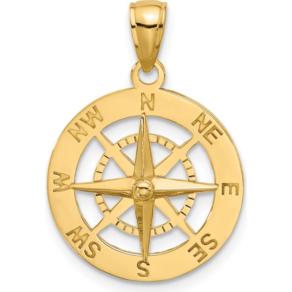 10K Yellow Gold Nautical Compass Charm Pendant - Solid and Polished Design