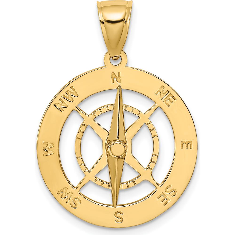 10K Yellow Gold Nautical Compass Pendant with Moveable Needle Charm - Polished Finish