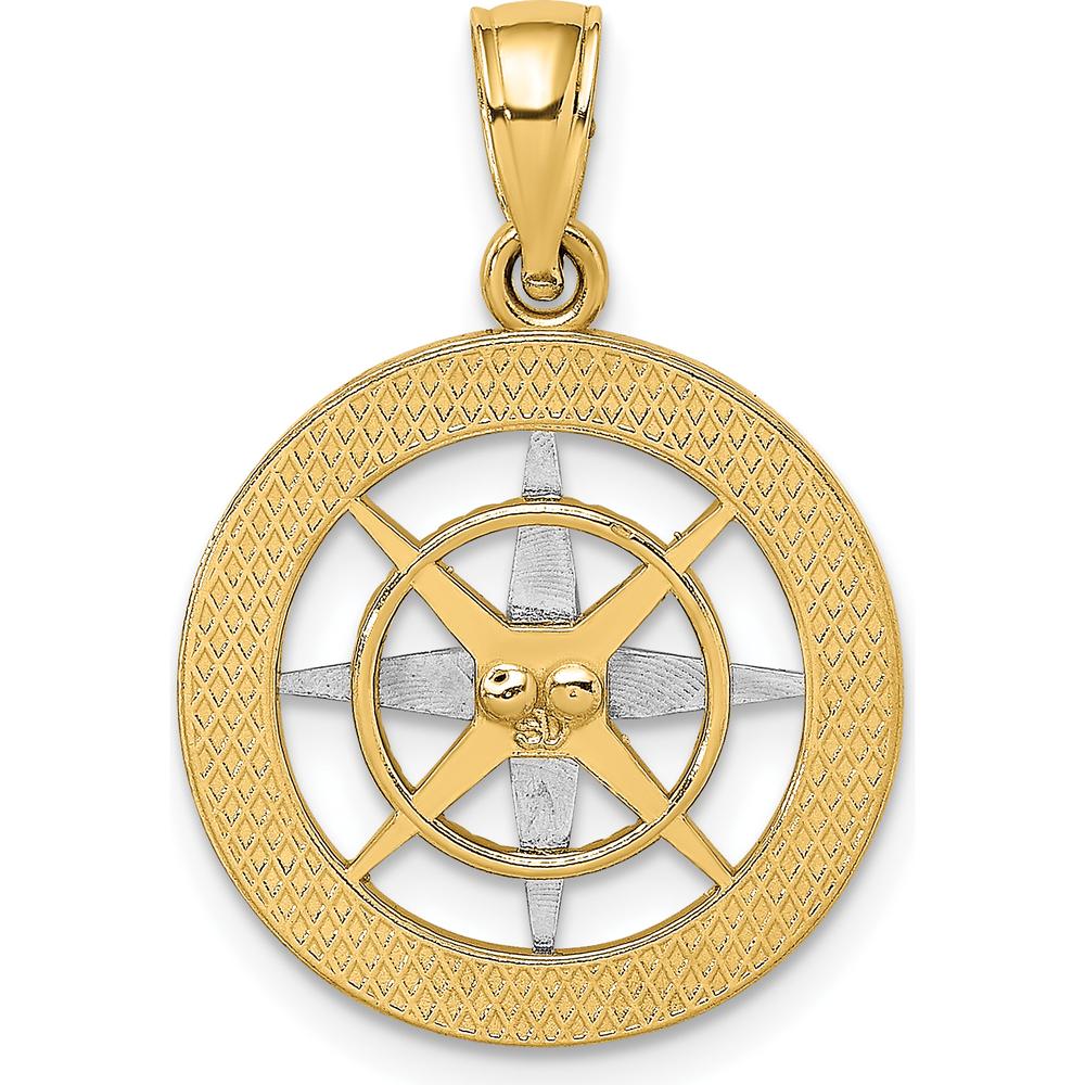 10K Yellow Gold Nautical Compass Pendant with Rhodium White Needle - 17.8mm
