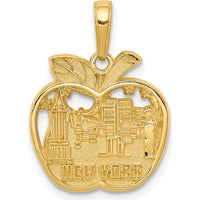 10K Yellow Gold New York City Apple Pendant - Polished Charm with Empire State and Statue of Liberty Detailing