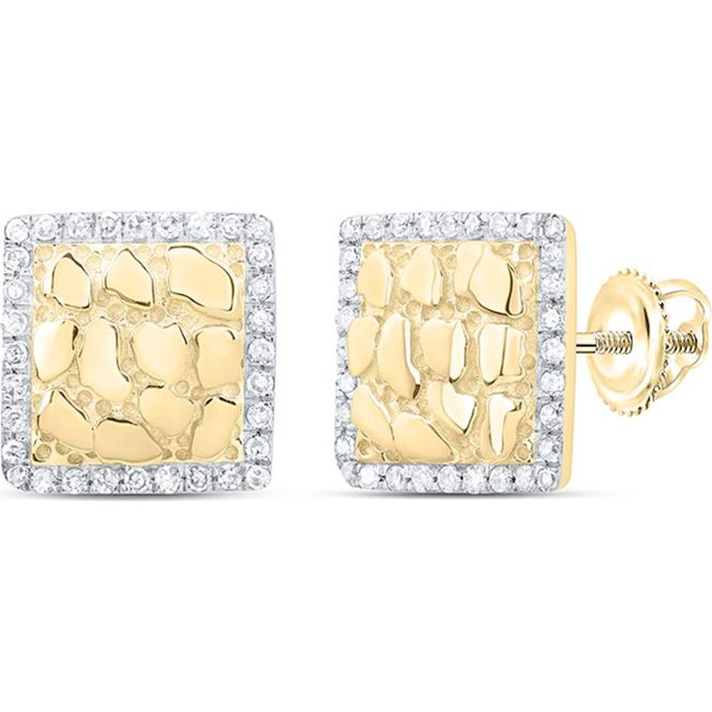 10K Yellow Gold Nugget Square Stud Earrings with Prong-Set Round Diamond Halo - 1/6 Carat Total Diamond Weight