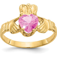 10K Yellow Gold October Birthstone Claddagh Ring with Heart-Shaped Pink Gemstone