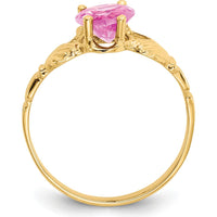 10K Yellow Gold October Birthstone Claddagh Ring with Heart-Shaped Pink Gemstone