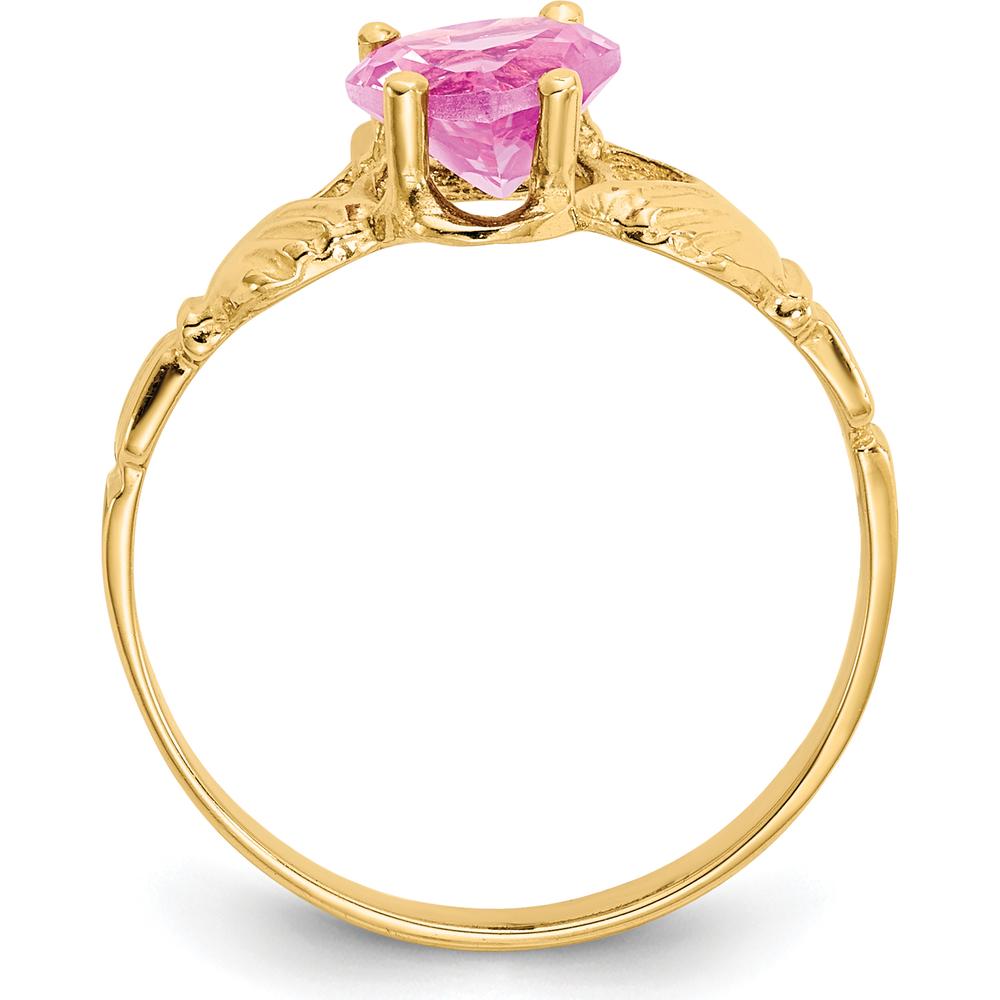 10K Yellow Gold October Birthstone Claddagh Ring with Heart-Shaped Pink Gemstone