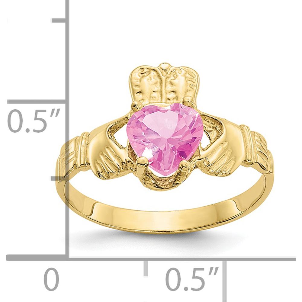 10K Yellow Gold October Birthstone Claddagh Ring with Heart-Shaped Pink Gemstone