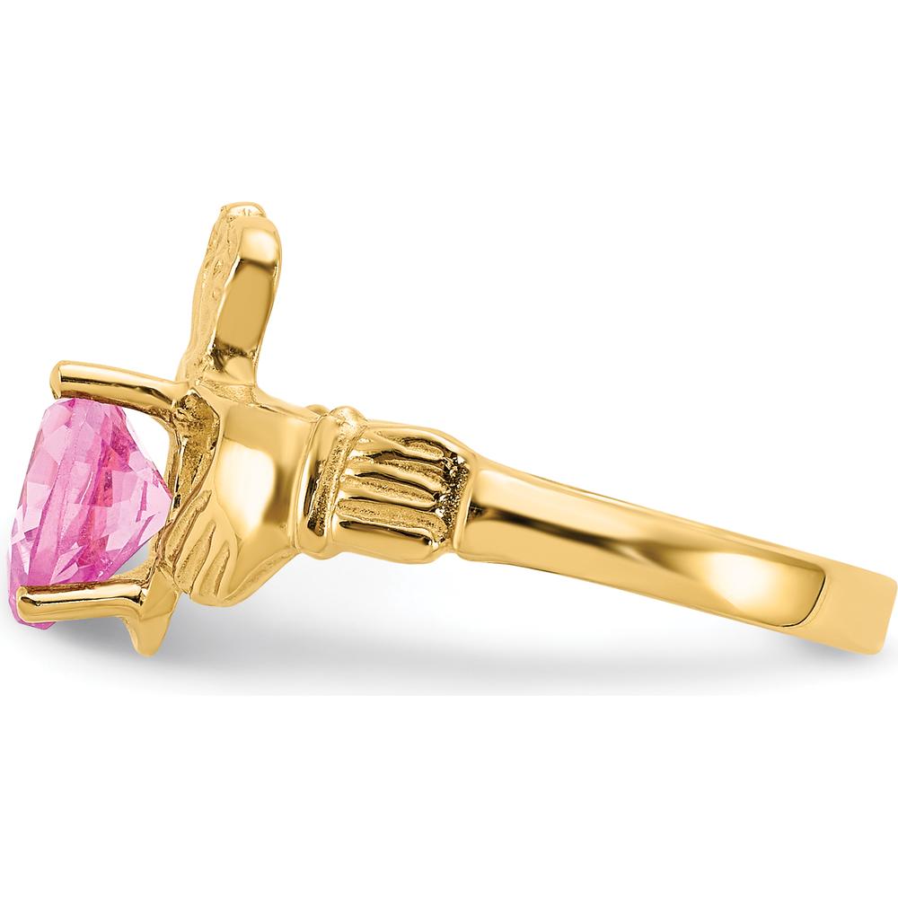 10K Yellow Gold October Birthstone Claddagh Ring with Heart-Shaped Pink Gemstone