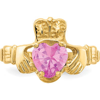 10K Yellow Gold October Birthstone Claddagh Ring with Heart-Shaped Pink Gemstone
