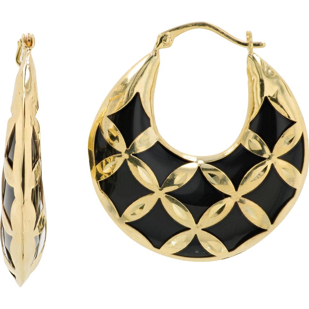 10K Yellow Gold Onyx Large Hoop Earrings - Total Gem Weight 2.0 Carat