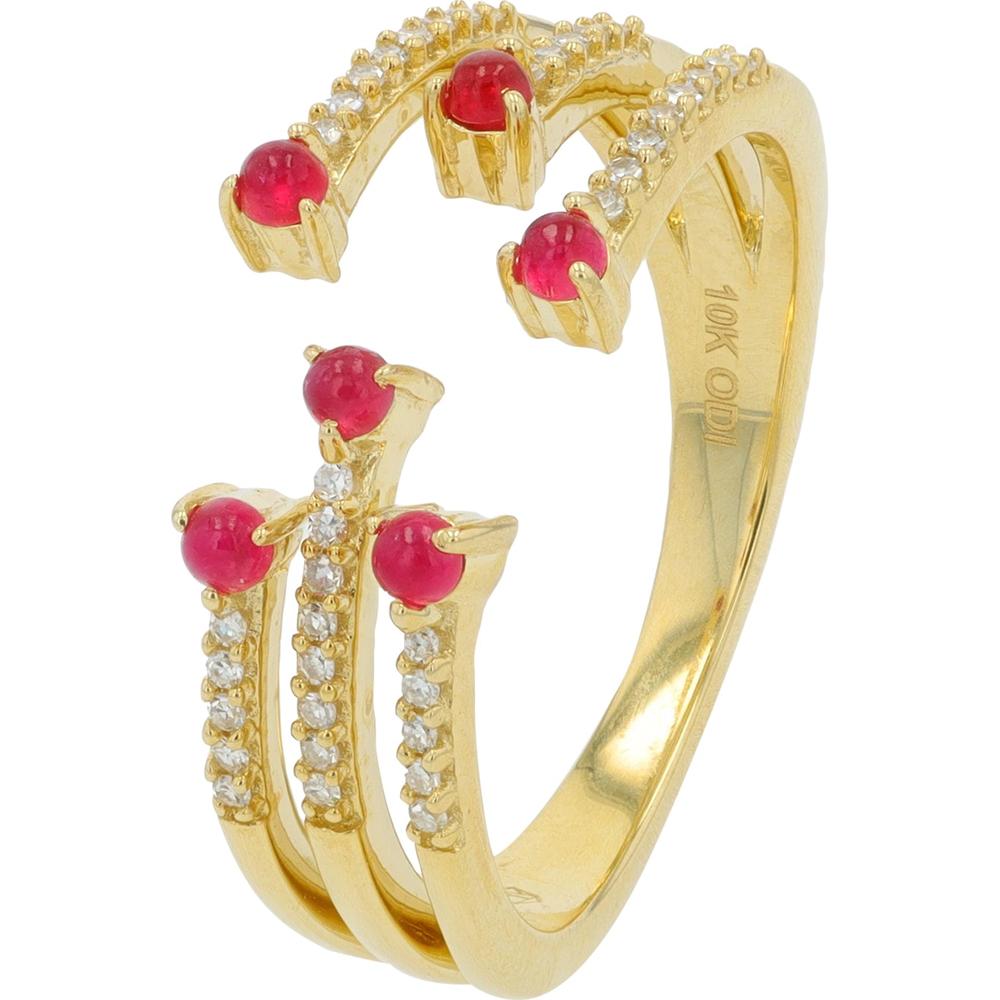 10K Yellow Gold Open Cuff Ring with 0.13 Carat Round Rubies and 0.45 Carat Diamond Accents