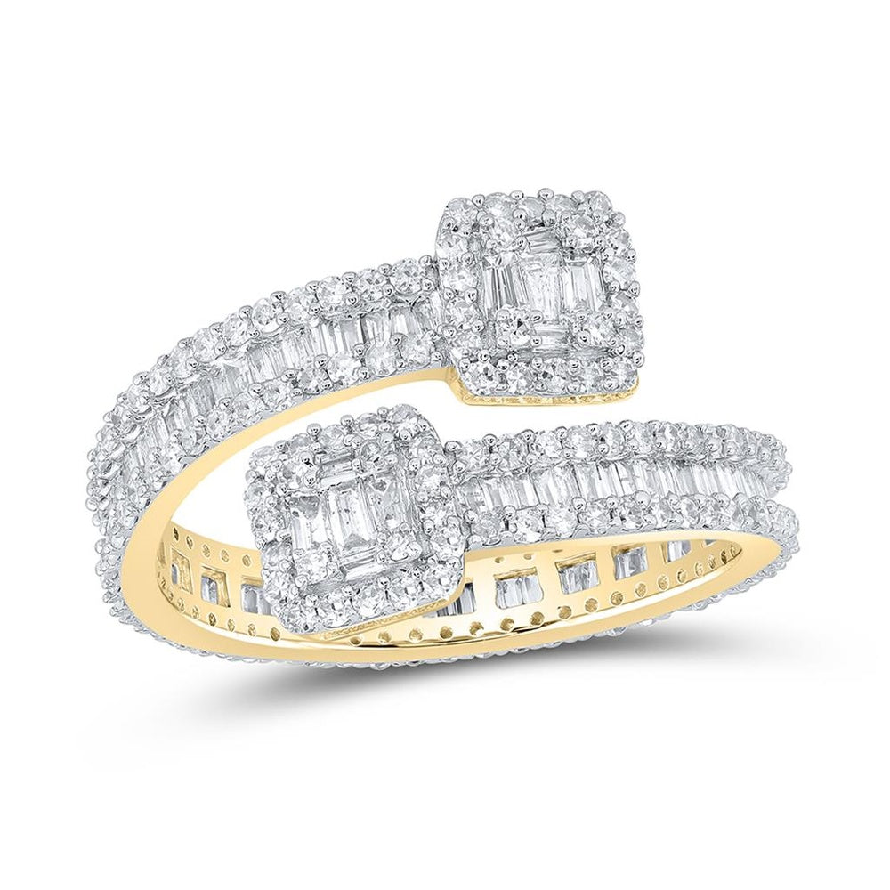 10K Yellow Gold Open Cuff Ring with Channel-Set Baguette and Prong-Set Round Diamonds - 1 5/8 Carat Total Diamond Weight