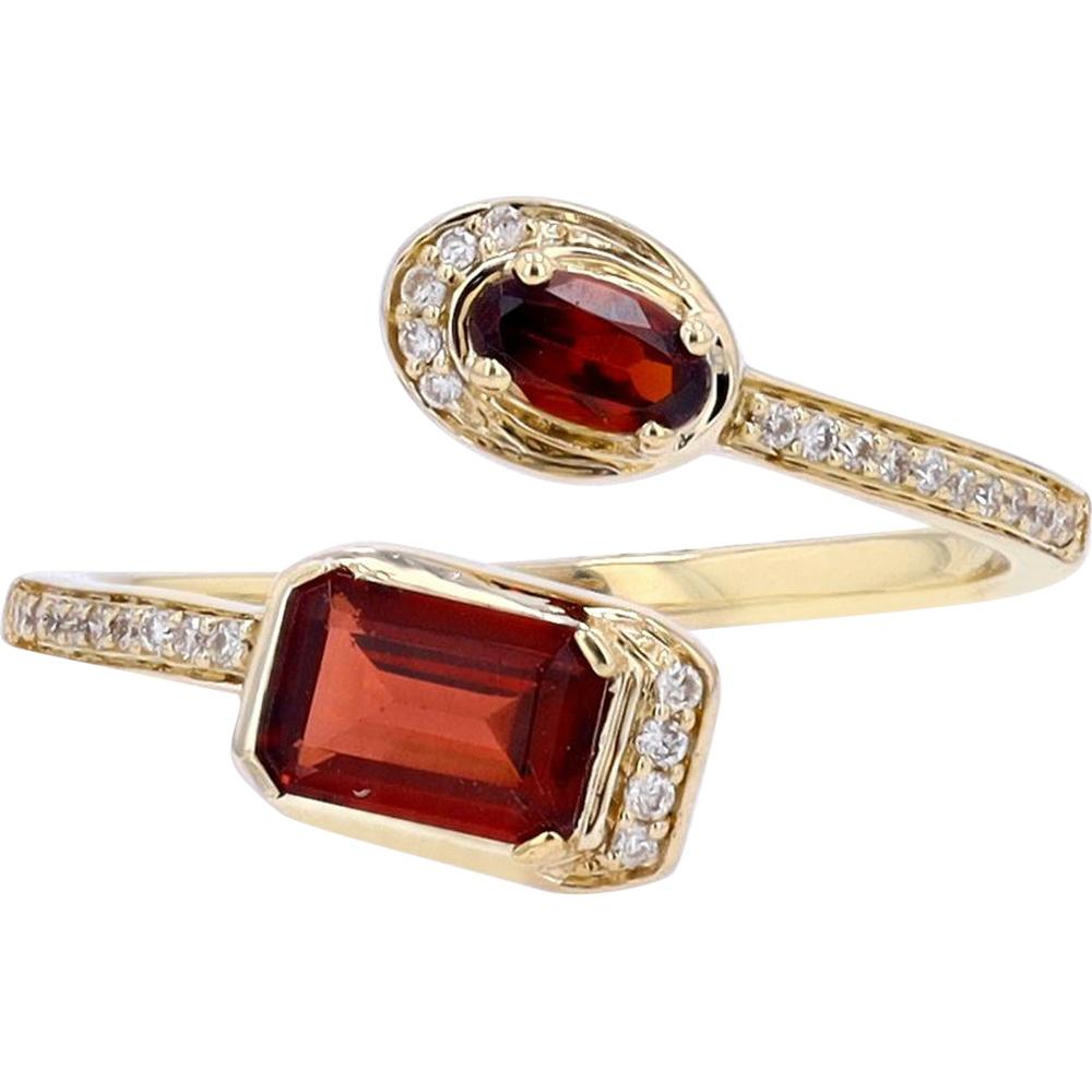 10K Yellow Gold Open Cuff Ring with Garnets and Diamond Halo - 0.84 Carats Total Gem Weight