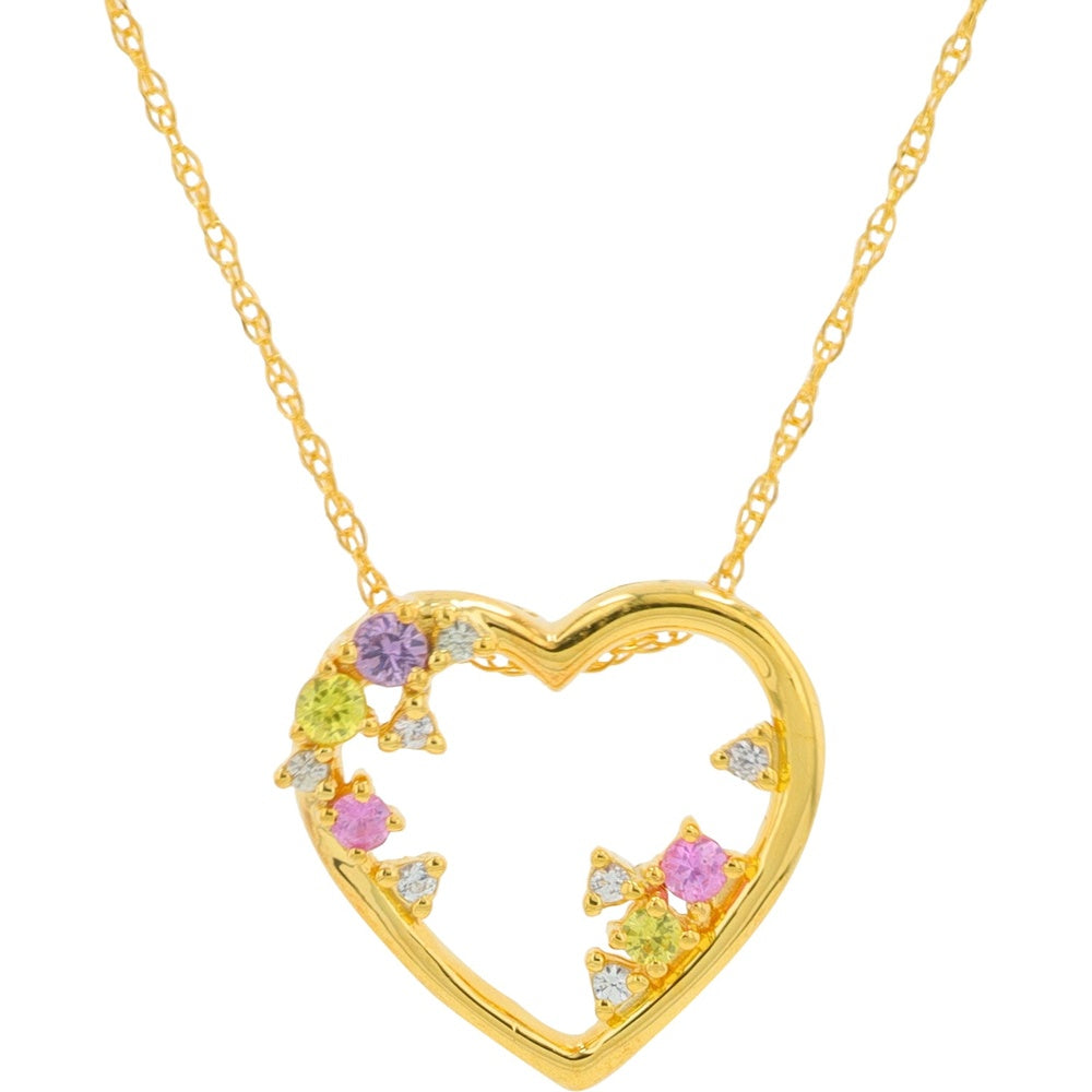 10K Yellow Gold Open Heart Pendant with Multi-Color Sapphires and Diamond Accents - 0.17 Carat Total Gemstone Weight