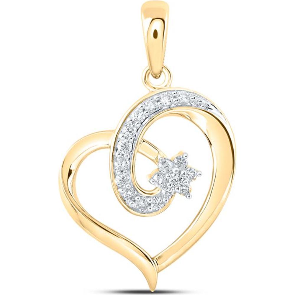 10K Yellow Gold Open Heart Pendant with Pavé Round Diamonds and Starburst Cluster - 0.17 Carat Total Diamond Weight