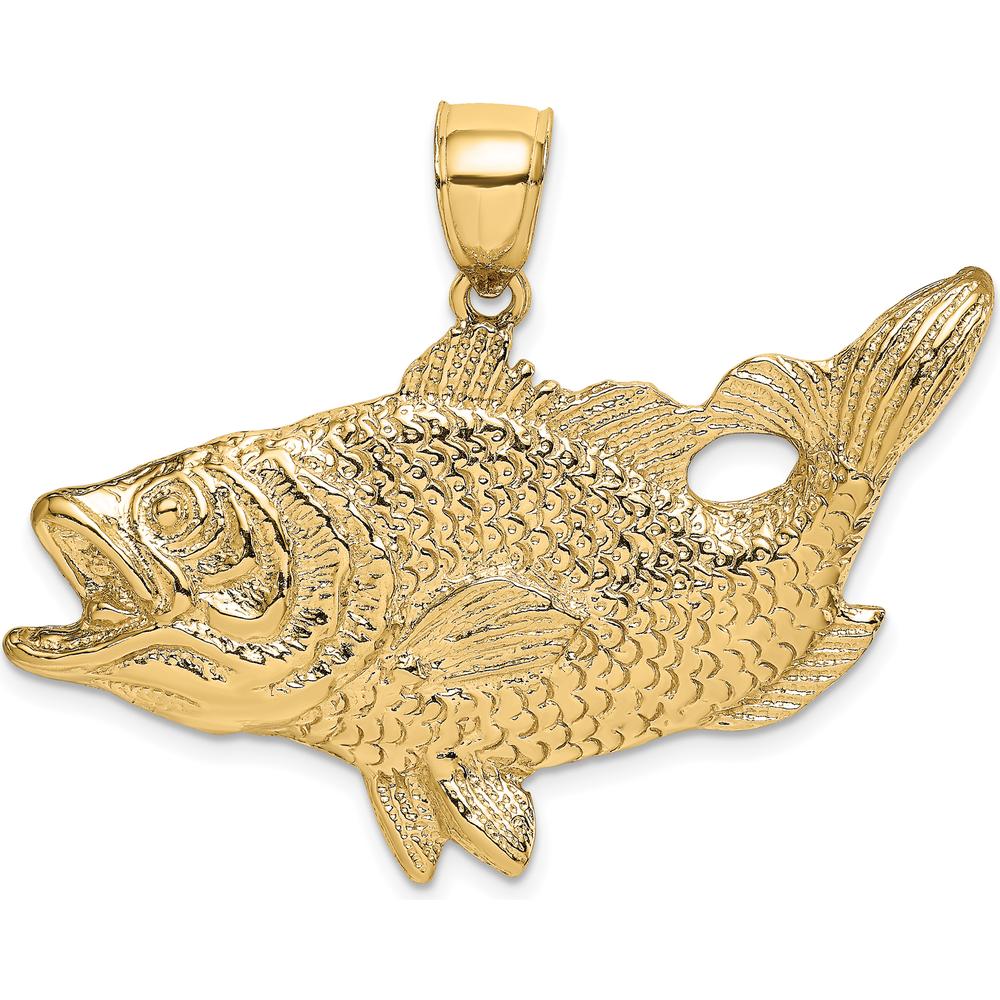 10K Yellow Gold Open Mouth Bass Fish Pendant - Polished Finish