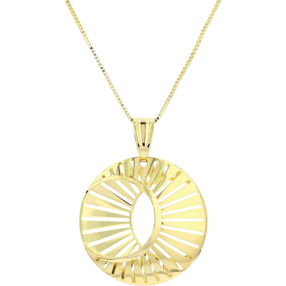 10K Yellow Gold Openwork Striped Circle Pendant with Radiant Sunburst Cutouts and Crescent Detail on a 17-Inch Chain