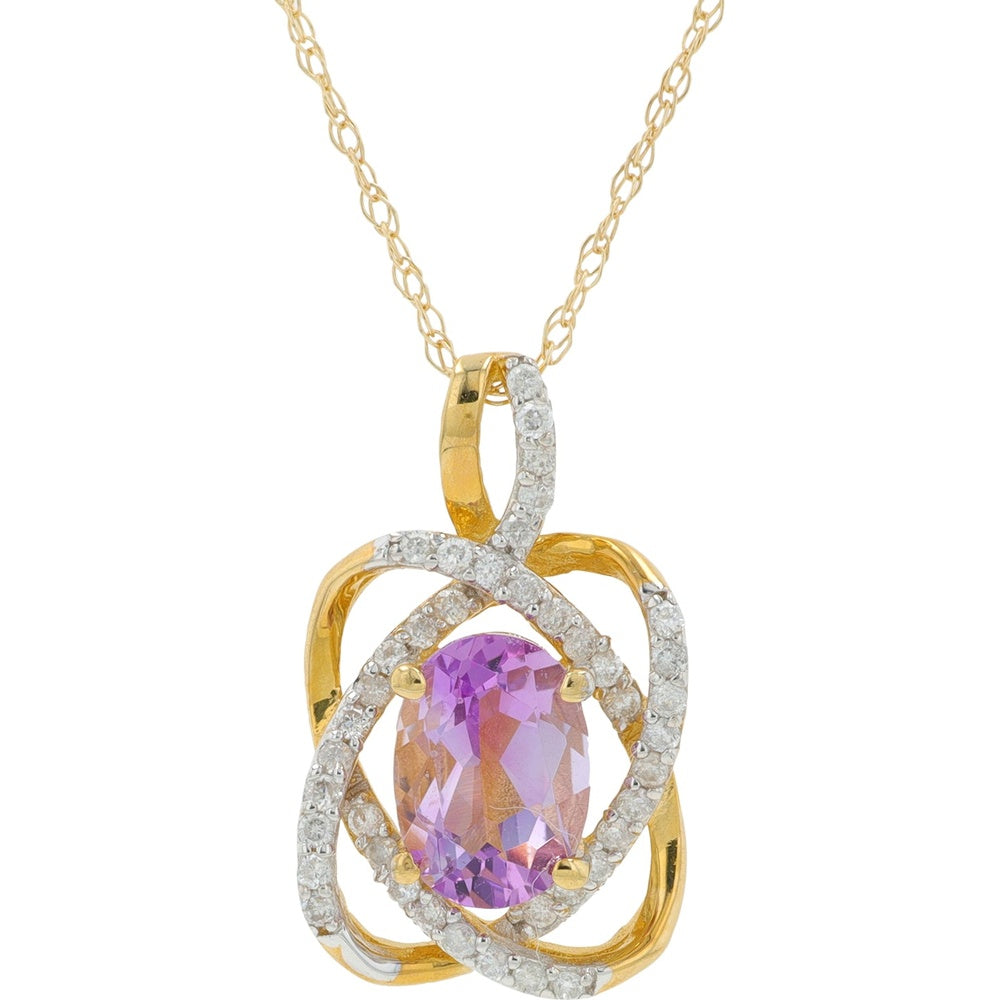 10K Yellow Gold Oval Amethyst Pendant with Diamond Accented Twisted Halo - 0.16 Carat Total Diamond Weight
