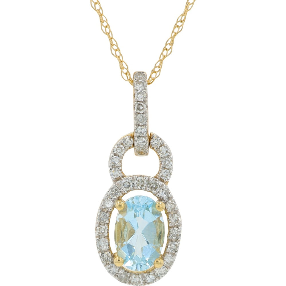 10K Yellow Gold Oval Aquamarine Pendant with Diamond Halo and Diamond-Studded Bail - 0.20 Carat Total Diamond Weight