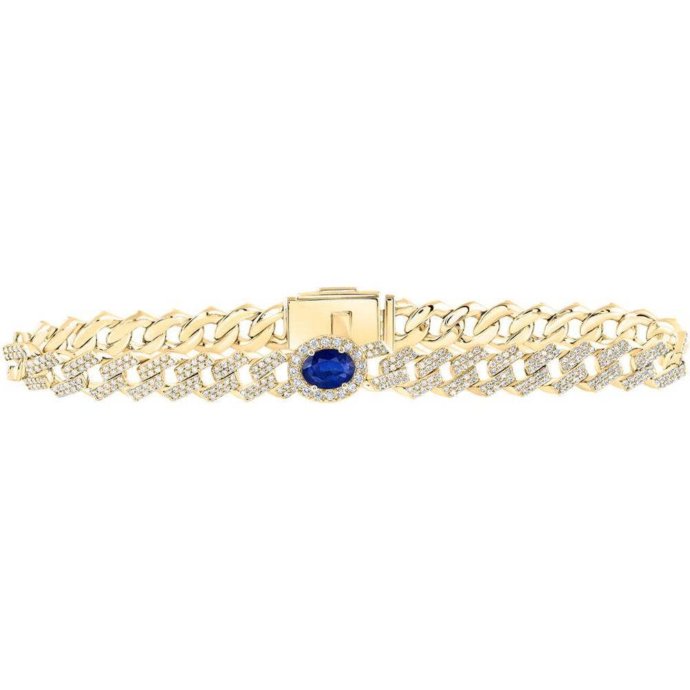 10K Yellow Gold Oval Blue Sapphire and Diamond Cuban Link Bracelet - 4.19 Carat Total Gem Weight