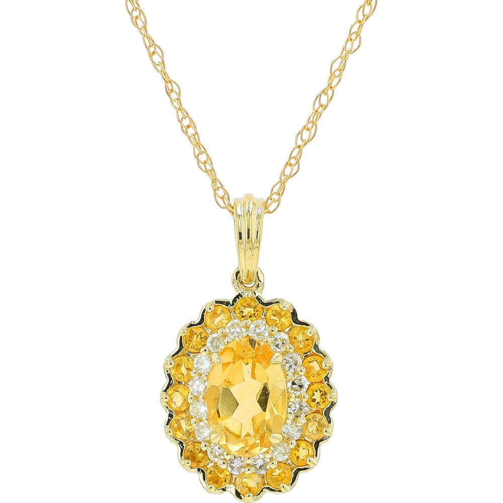 10K Yellow Gold Oval Citrine and Diamond Double Halo Pendant Necklace - 0.65 Carat Total Citrine Weight with 0.10 Carat Diamond Accents