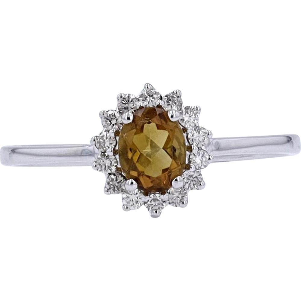 10K Yellow Gold Oval Citrine and Diamond Halo Ring - 0.11 Carats Total Diamond Weight