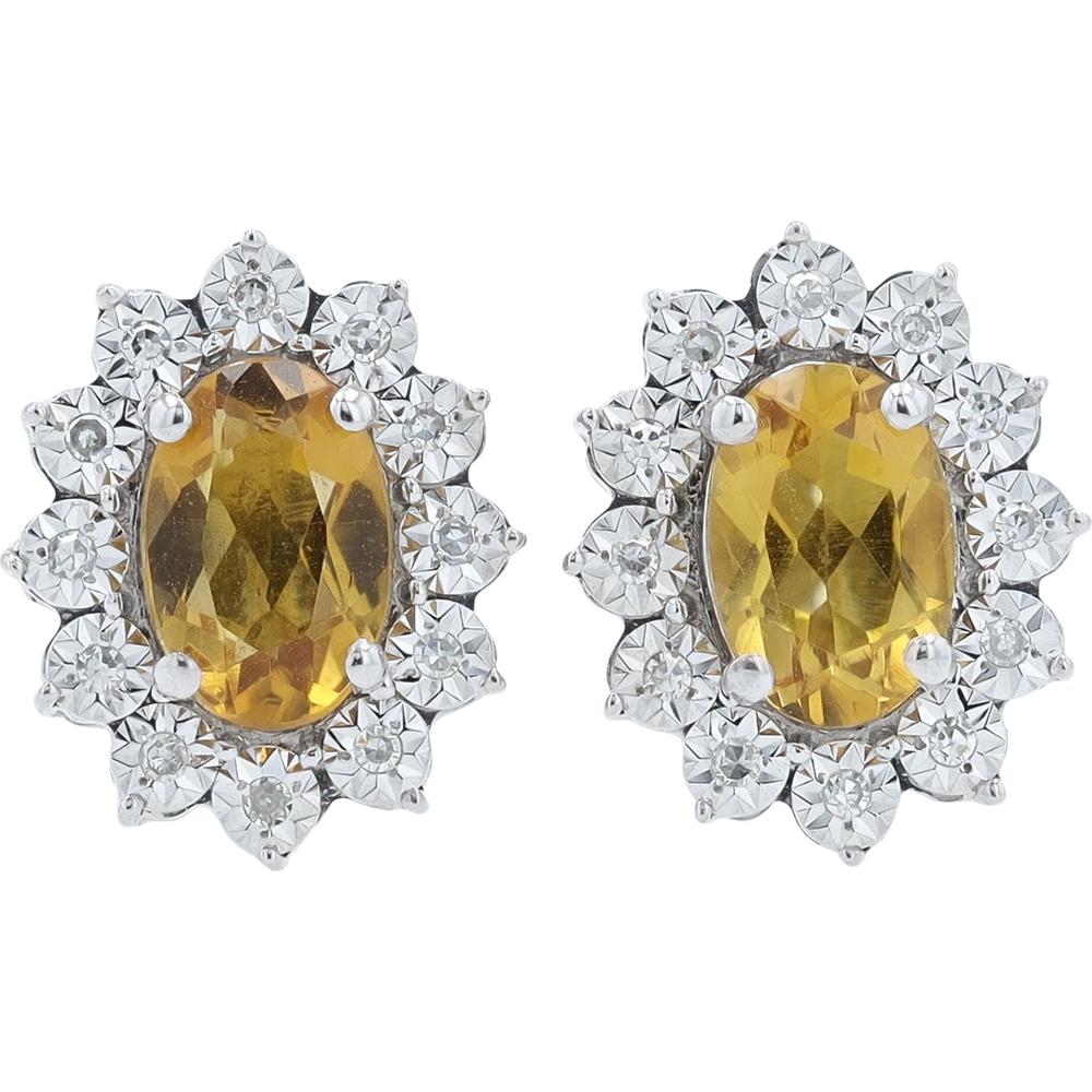 10K Yellow Gold Oval Citrine Stud Earrings with Diamond Halo - 0.06 Carat Total Diamond Weight