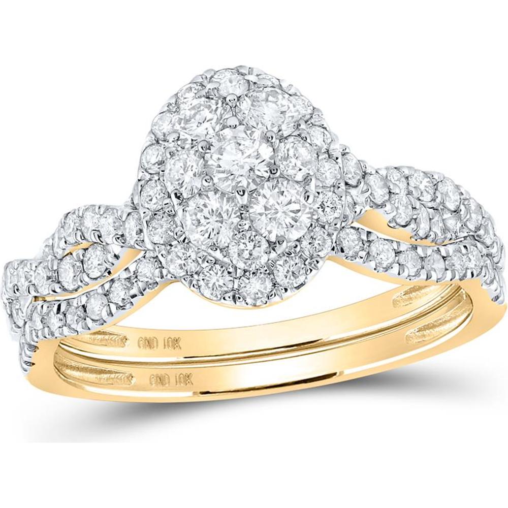 10K Yellow Gold Oval Cluster Diamond Bridal Wedding Ring Set - 1 Carat Total Diamond Weight