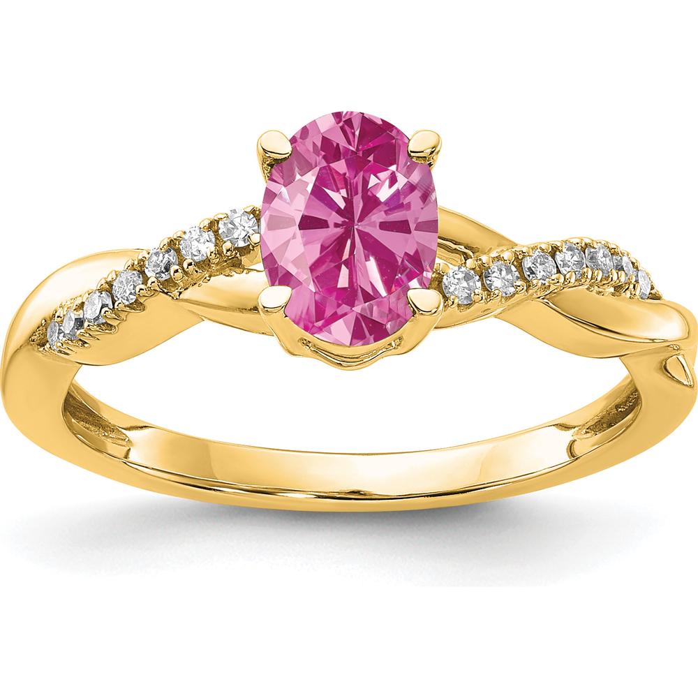10K Yellow Gold Oval Created Pink Sapphire and Diamond Ring - 0.73 Carat Total Gem Weight by 0