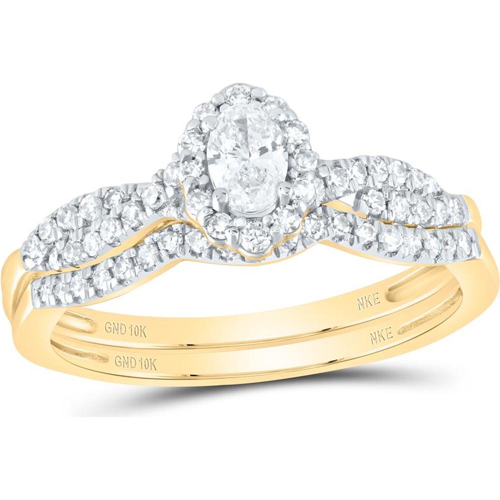 10K Yellow Gold Oval Diamond Bridal Wedding Ring Set with Round Diamonds and Blue Sapphire - 1/2 Carat Total Diamond Weight