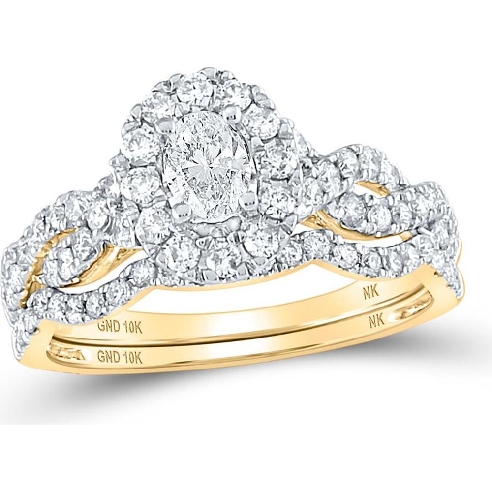 10K Yellow Gold Oval Diamond Halo Bridal Wedding Ring Set with Twisted Diamond Band - 1.00 Carat Total Diamond Weight (Certified)