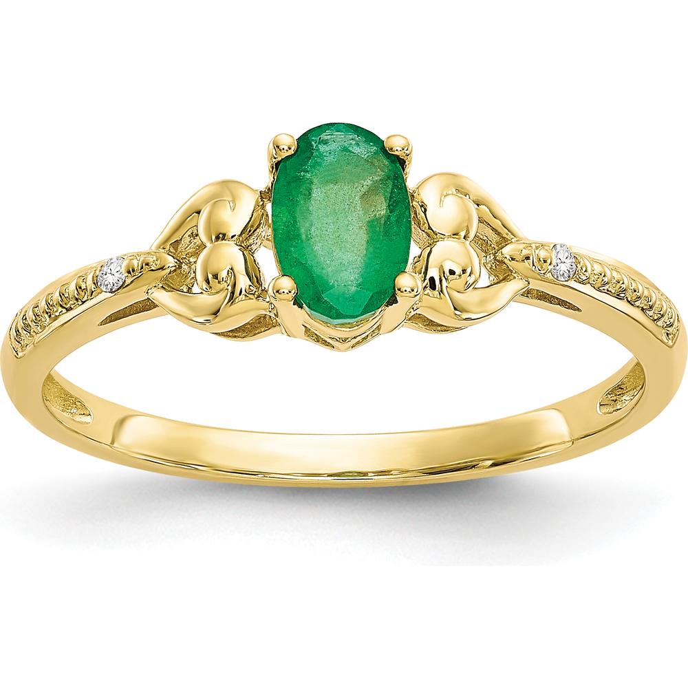 10K Yellow Gold Oval Emerald and Round Diamond Ring - 0.42 Carat Emerald, 0.01 Carat Total Diamond Weight