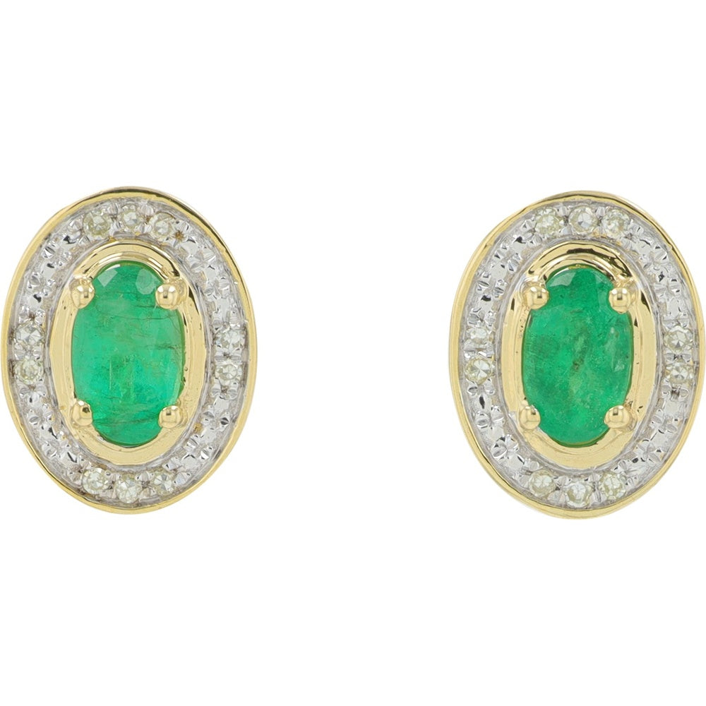 10K Yellow Gold Oval Emerald Stud Earrings with Diamond Halo - 0.20 Carat Total Diamond Weight and 0.43 Carat Total Emerald Weight