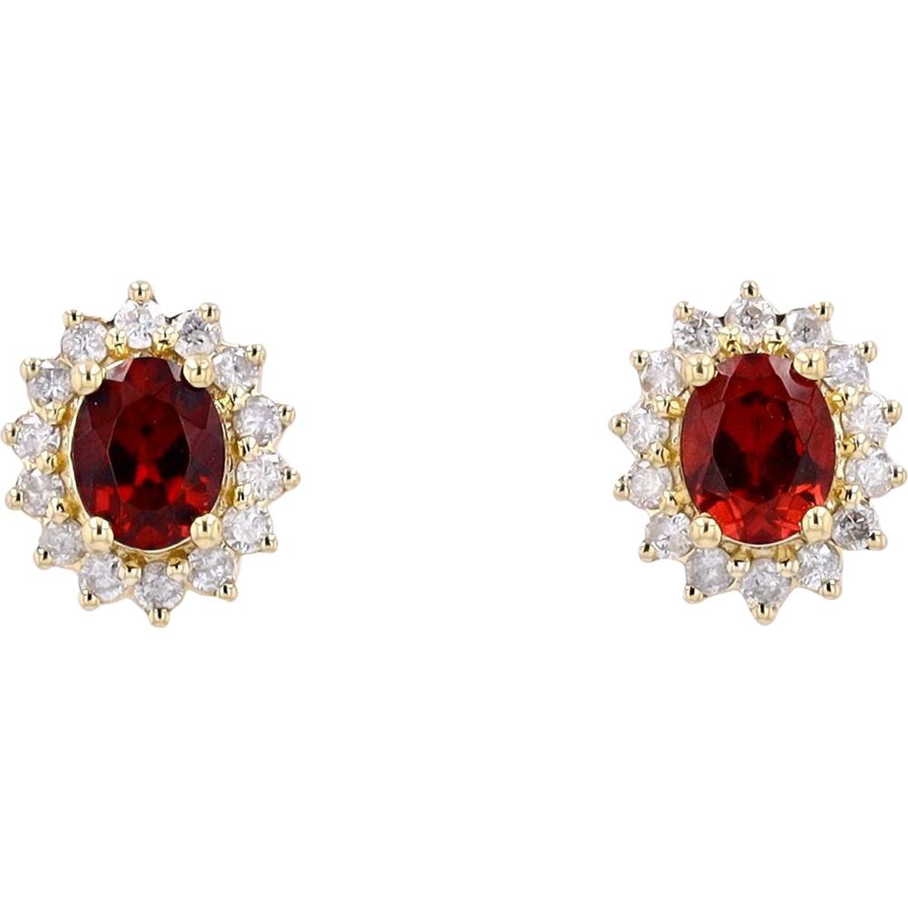 10K Yellow Gold Oval Garnet Halo Stud Earrings with Diamond Accents - 0.22 Carats Total Diamond Weight