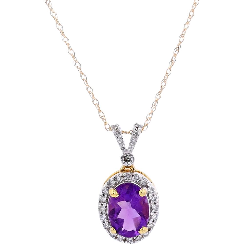 10K Yellow Gold Oval Halo Pendant with 0.17 Carats Diamond Accents and Amethyst Center