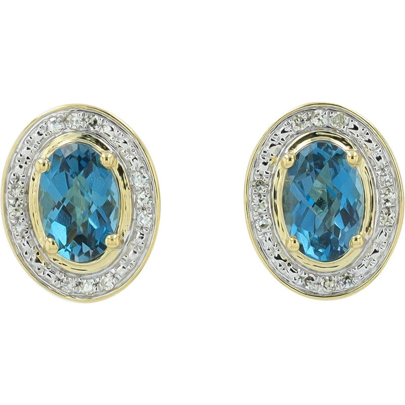 10K Yellow Gold Oval London Blue Topaz and Diamond Halo Stud Earrings - 0.75 Carats to 1.00 Carats Total Gem Weight, 0.07 Carats Diamond Weight