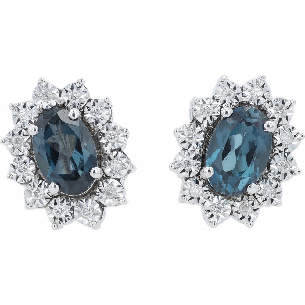 10K Yellow Gold Oval London Blue Topaz Stud Earrings with Diamond Halo - 0.06 Carat Total Diamond Weight