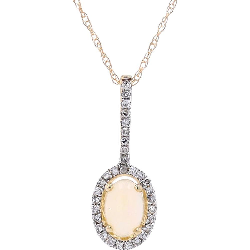 10K Yellow Gold Oval Opal Pendant with 0.10 Carats Diamond Halo