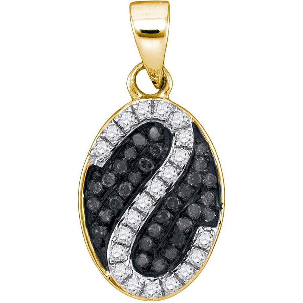 10K Yellow Gold Oval Pendant with Pave Black Diamonds 0.12 Carat and Prong Set White Diamonds 0.13 Carat Total Weight