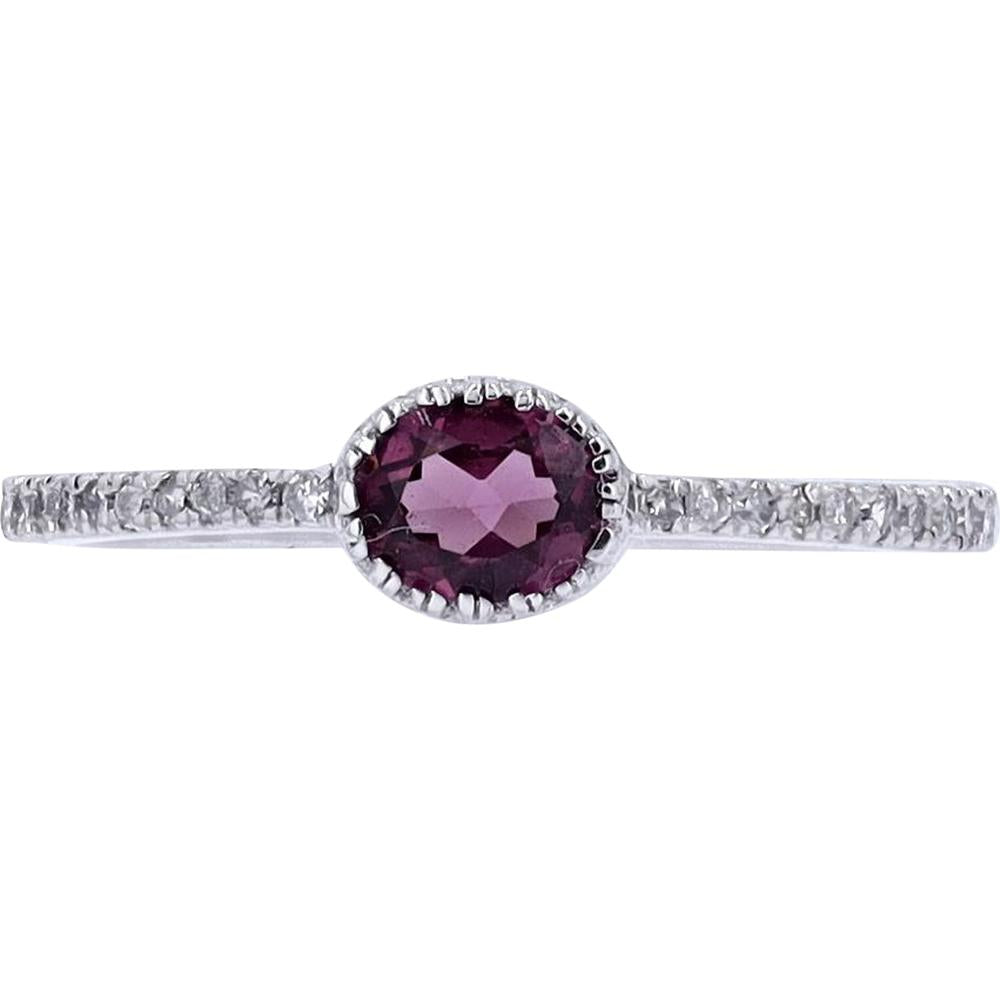 10K Yellow Gold Oval Rhodolite and Diamond Accent Ring - 0.11 Carats Total Diamond Weight