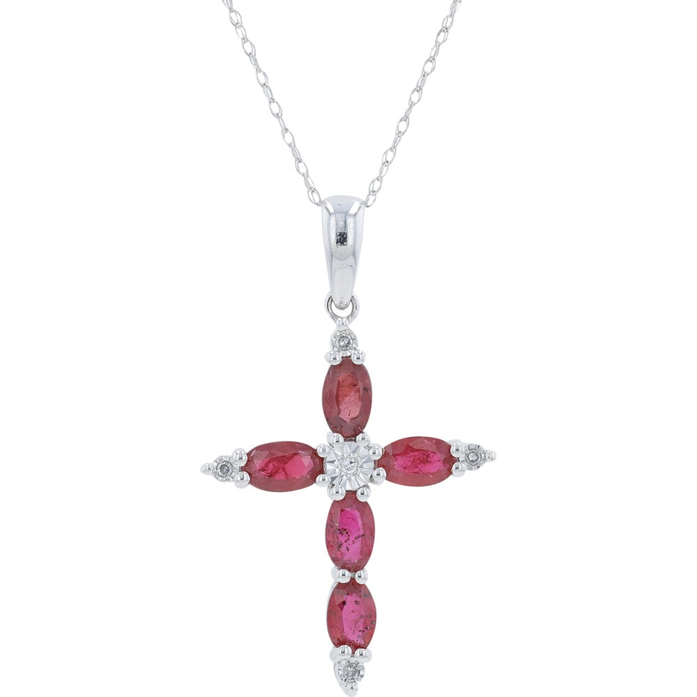 10K Yellow Gold Oval Ruby and Diamond Accent Cross Pendant - 0.03 Carat Total Diamond Weight
