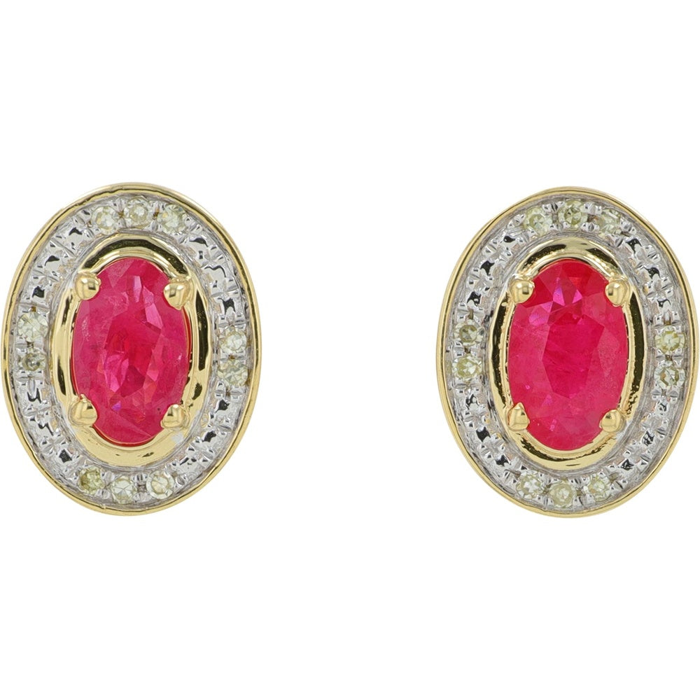 10K Yellow Gold Oval Ruby and Diamond Halo Stud Earrings with Milgrain Detail - 0.20 Carat Total Diamond Weight