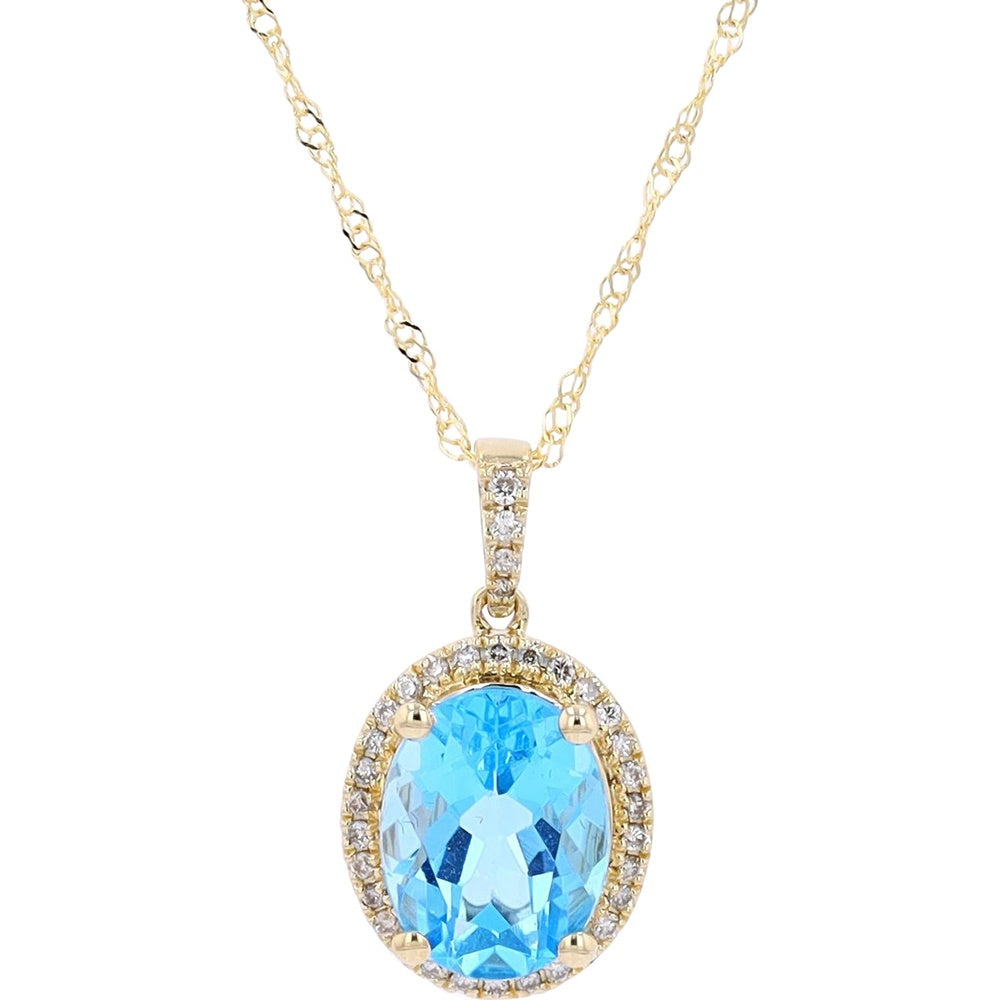 10K Yellow Gold Oval Swiss Blue Topaz and Diamond Halo Pendant Necklace with Pavé Bail - 0.10 Carat Total Diamond Weight