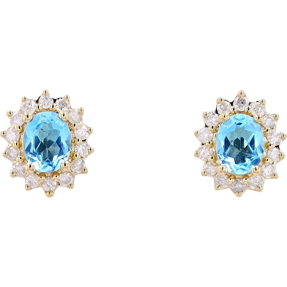 10K Yellow Gold Oval Swiss Blue Topaz and Diamond Halo Stud Earrings - 0.22 Carats Total Diamond Weight