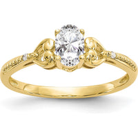 10K Yellow Gold Oval White Topaz and Round Diamond Ring - 0.55 Carat Total White Topaz, 0.01 Carat Total Diamond Weight