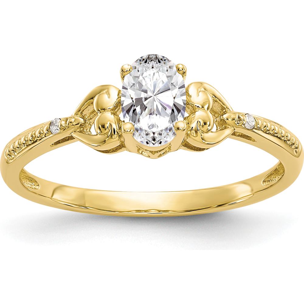 10K Yellow Gold Oval White Topaz and Round Diamond Ring - 0.55 Carat Total White Topaz, 0.01 Carat Total Diamond Weight