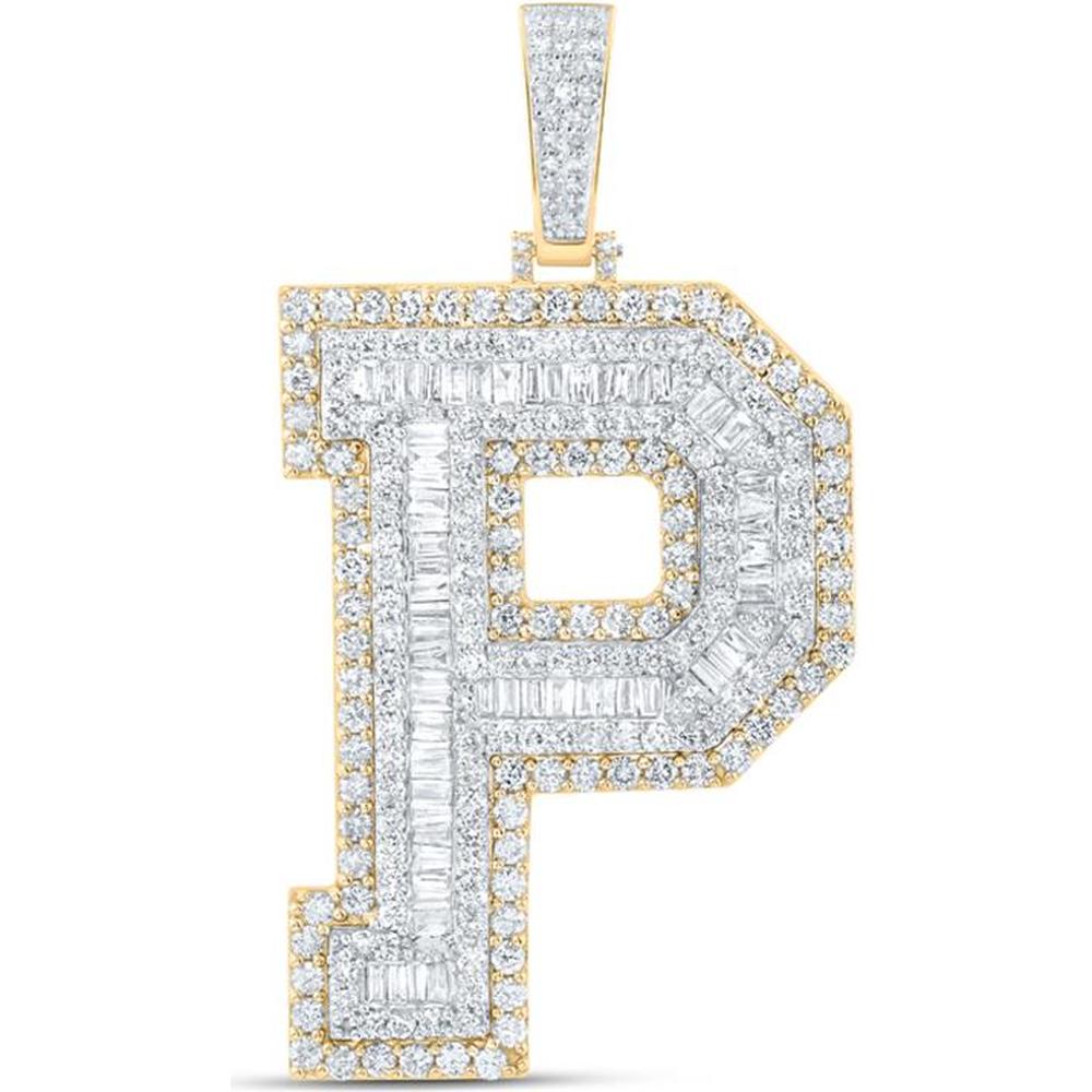 10K Yellow Gold P Initial Letter Charm Pendant with Baguette and Round Diamonds - 5.38 Carat Total Diamond Weight