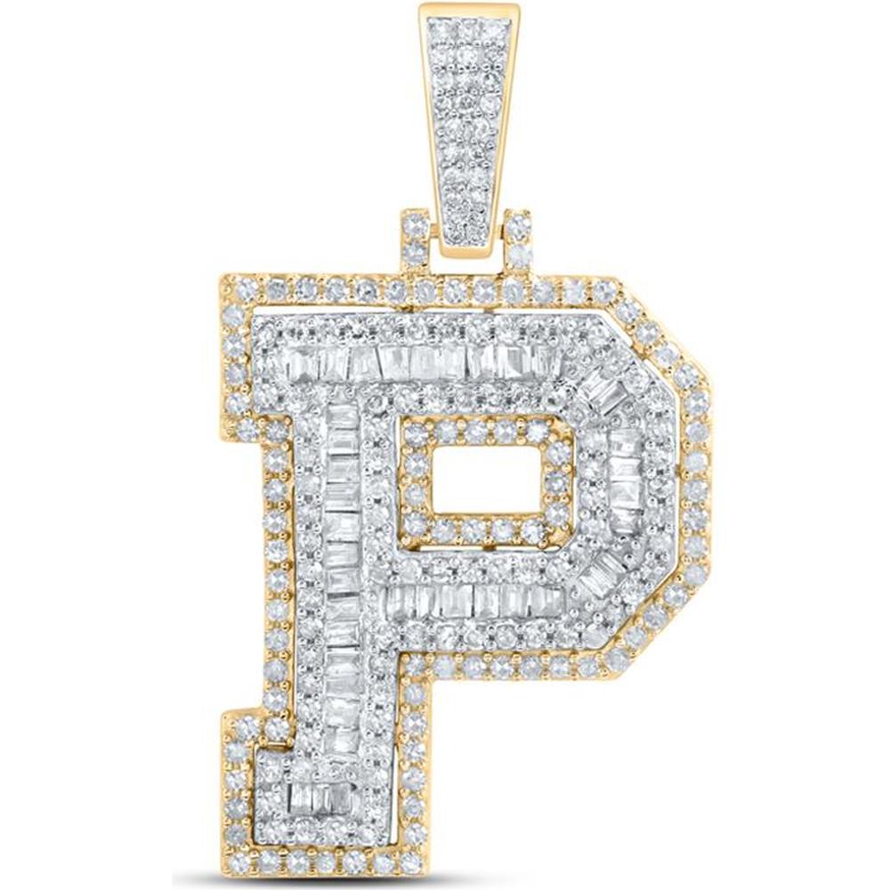 10K Yellow Gold "P" Initial Letter Pendant with Round and Baguette Diamonds - 3/4 Carat Total Diamond Weight