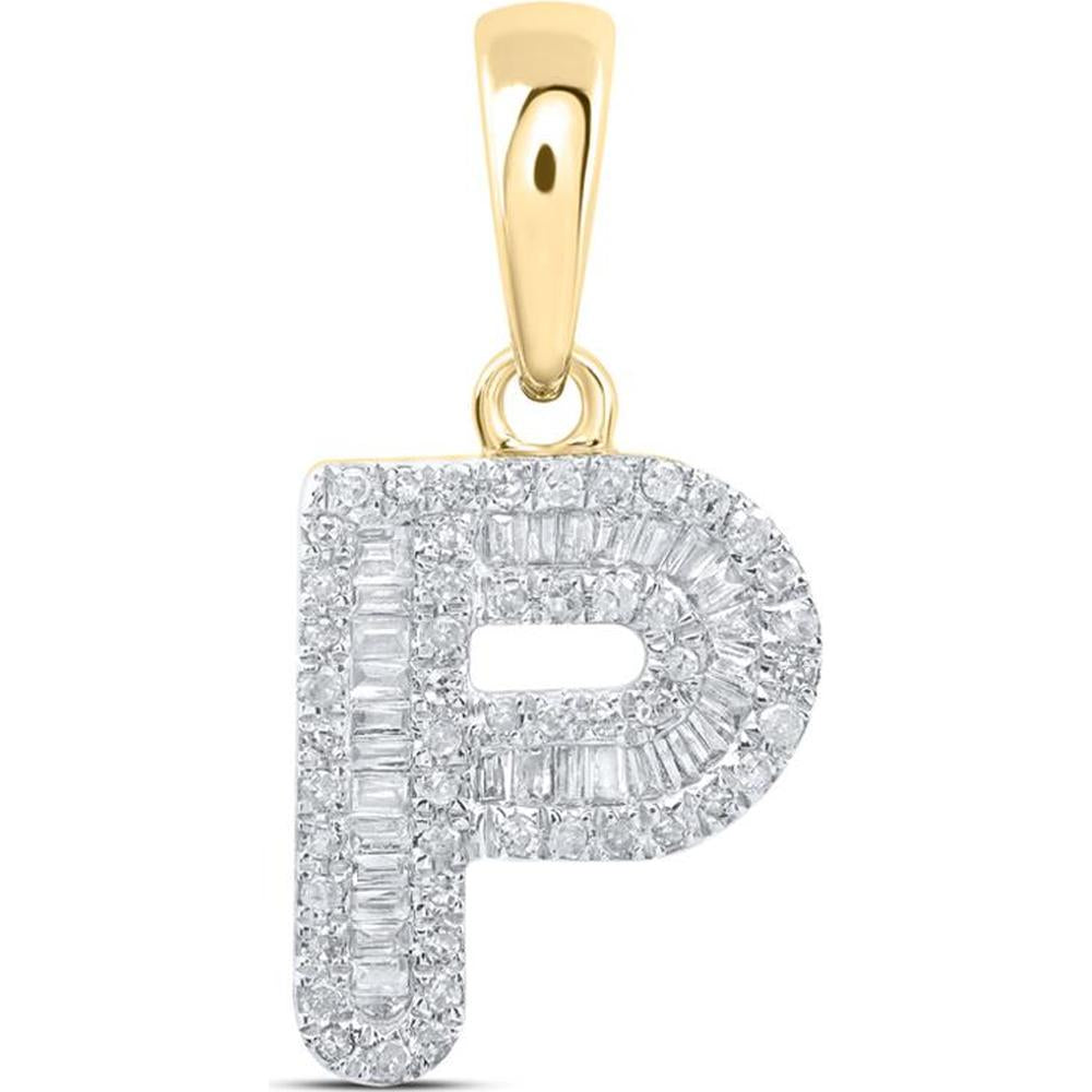 10K Yellow Gold P Initial Pendant with Baguette and Round Diamonds - 1/3 Carat Total Diamond Weight