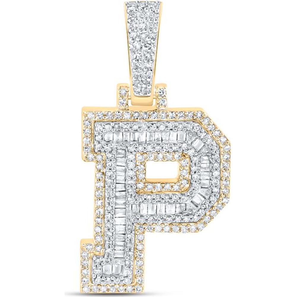 10K Yellow Gold "P" Initial Pendant with Baguette and Round Diamonds - 5/8 Carat Total Diamond Weight