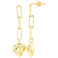 10K Yellow Gold Paperclip Chain Heart Drop Earrings - 2.15 Grams Total Weight